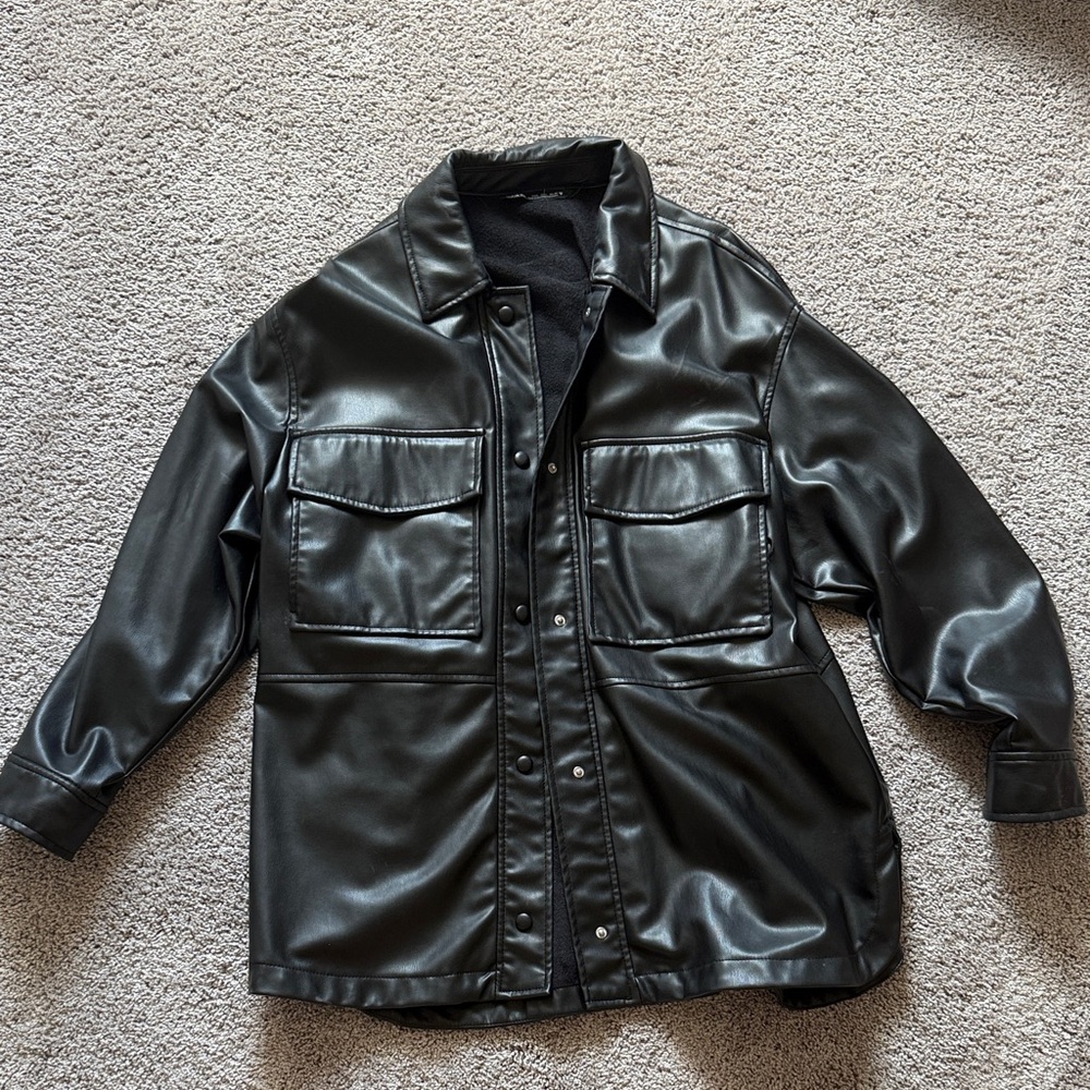 Zara Black Faux Leather Shirt Jacket